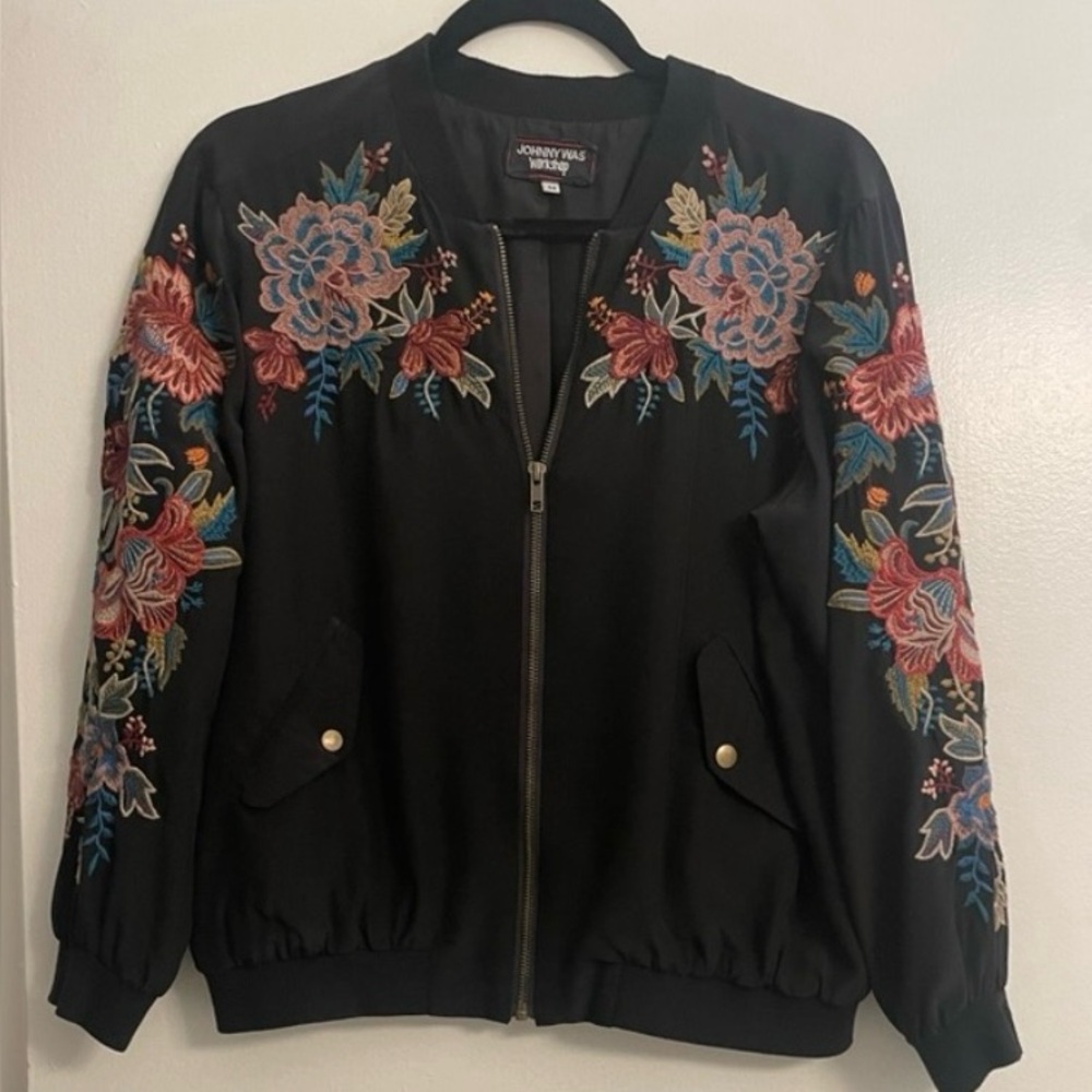 Johnny Was Black Embroidered Silk Bomber Jacket Size M $125